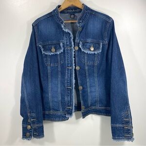 Kikit Jeans Frayed Raw Edge Distressed Trucker Blue Denim Jean Jacket Stretch XL